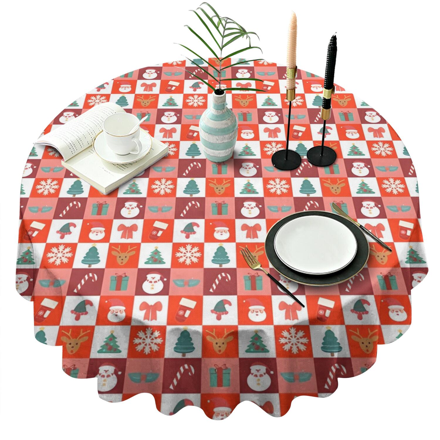 Red Christmas Santa, Tree and Snowflake Pattern Round Tablecloth 60"x60 ...
