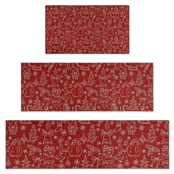 Red Christmas Scene Pattern Kitchen Rugs Sets Of 3,Kitchen Runner Rugs Non Skid Washable,Decorative Kitchen Floor Mats for Kitchen,Sink,Laundry,17"x30"+ 17"x47" + 17"x59"