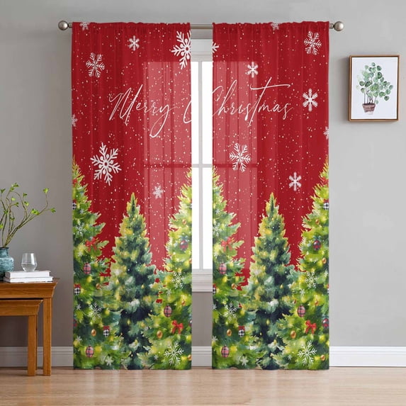 Red Christmas Semi Sheer Curtains 63 Inch Length 2 Panels Set, Xmas Tree Snowflake Winter Botanical Sheer Kitchen Curtain Privacy Voile Window Curtain for Living Room Bedroom Rod Pocket Drapes