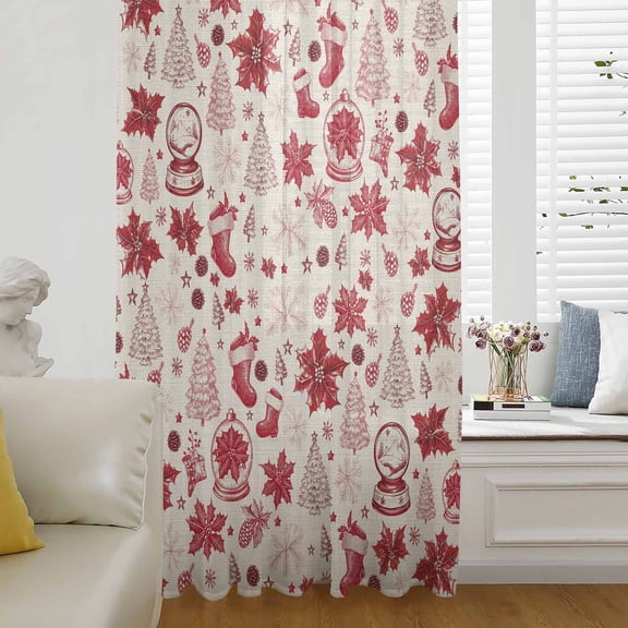 Red Christmas Semi Sheer Curtains Drapes for Living Room, Bedroom, French Doors Window 45 Inches Long, Xmas Poinsettia Tree Snowflake Rustic Rod Pocket Chiffon Curtain Drapery Voile Draperies Panel