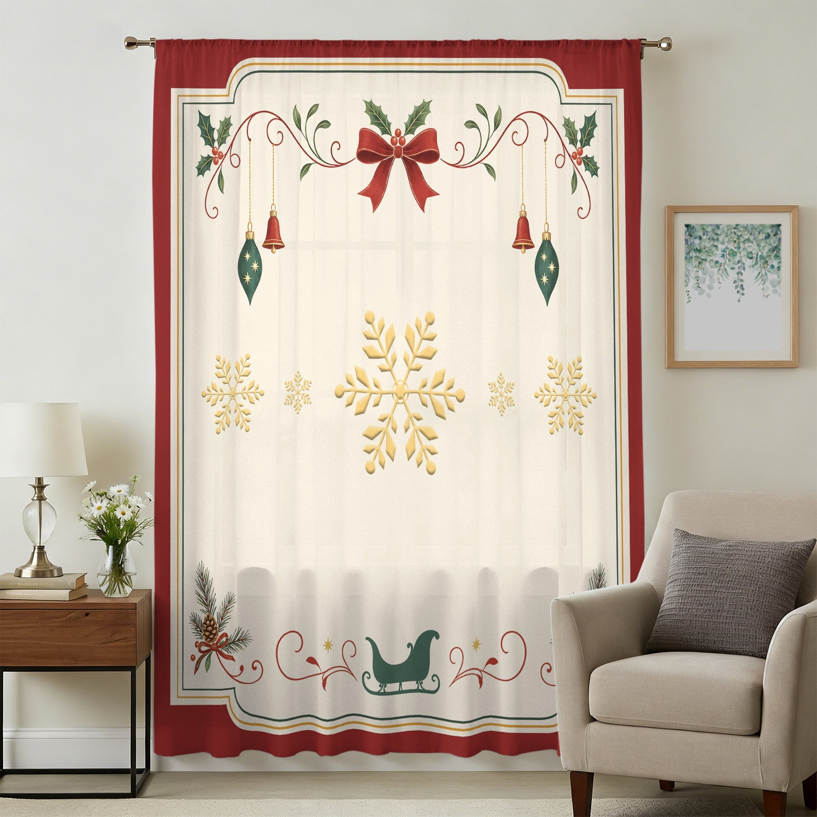 Red Christmas Sheer Curtains 108 Inches Extra Long, Xmas Snowflake Pine