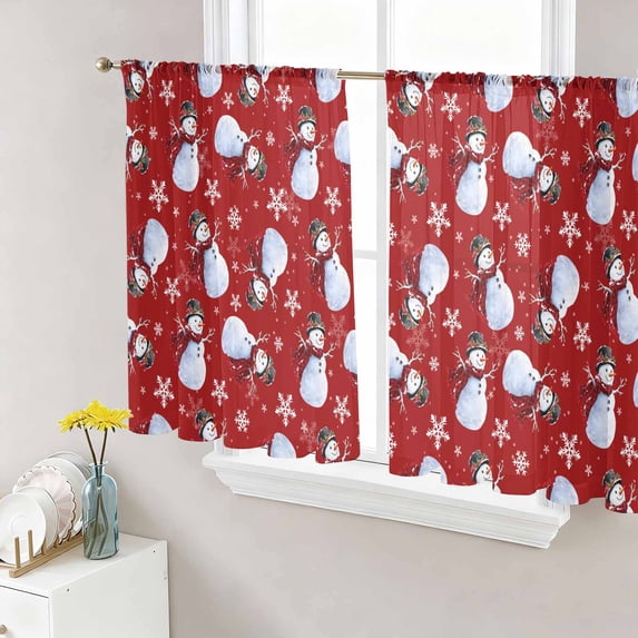 Red Christmas Sheer Curtains 54 Inch Length 2 Panels Set, Snowflake Snowman Xmas Christmas Voile Window Treatment Rod Pocket Short Kitchen Curtains Drapes for Bedroom 52"x54"x2
