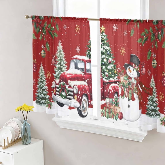 Red Christmas Sheer Curtains 54 Inch Length 2 Panels Set Window Treatments, Snowman Truck Xmas Tree Ball Snowflake Winter Rod Pocket Semi Curtains for Living Room/Bedroom/Kitchen Décor, 104"W x 54"L