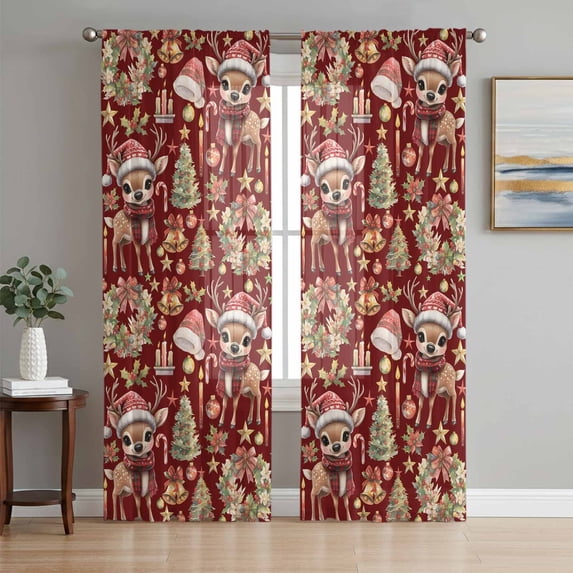 Red Christmas Sheer Curtains 63 Inch Length 2 Panels Set, Elk Xmas Tree Wreath Balls Bell Voile Window Treatment Rod Pocket Curtains Sheers Drapes for Bedroom/Living Room/Kitchen 52x"63"x2