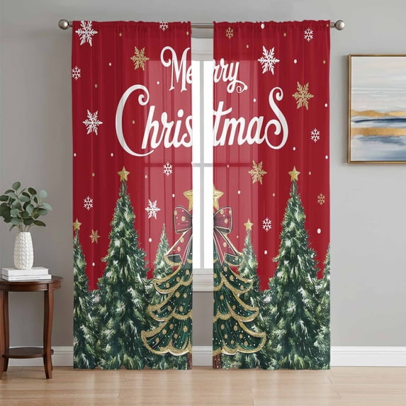 Red Christmas Sheer Curtains 96 Inch Length 2 Panels Set Window Treatments, Snowflake Xmas Christmas Tree Rod Pocket Semi Curtains for Living Room/Bedroom/Kitchen Décor, 104"W x 96"L