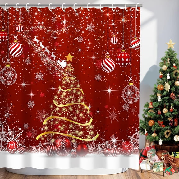 Red Christmas Shower Curtain with 12 Hooks Christmas Bathroom Decor, Shiny Christmas Tree Ball Snowflake Xmas Christmas Holiday Shower Curtains for Bathroom, 72x72 Inch