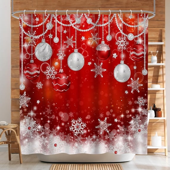 Red Christmas Shower Curtain - Festive Bathroom Decor Snowflakes and Ornaments Design Silver Holiday Bathroom Decoration - Winter Decor with 12 Hooks - 72 x 72 Inches