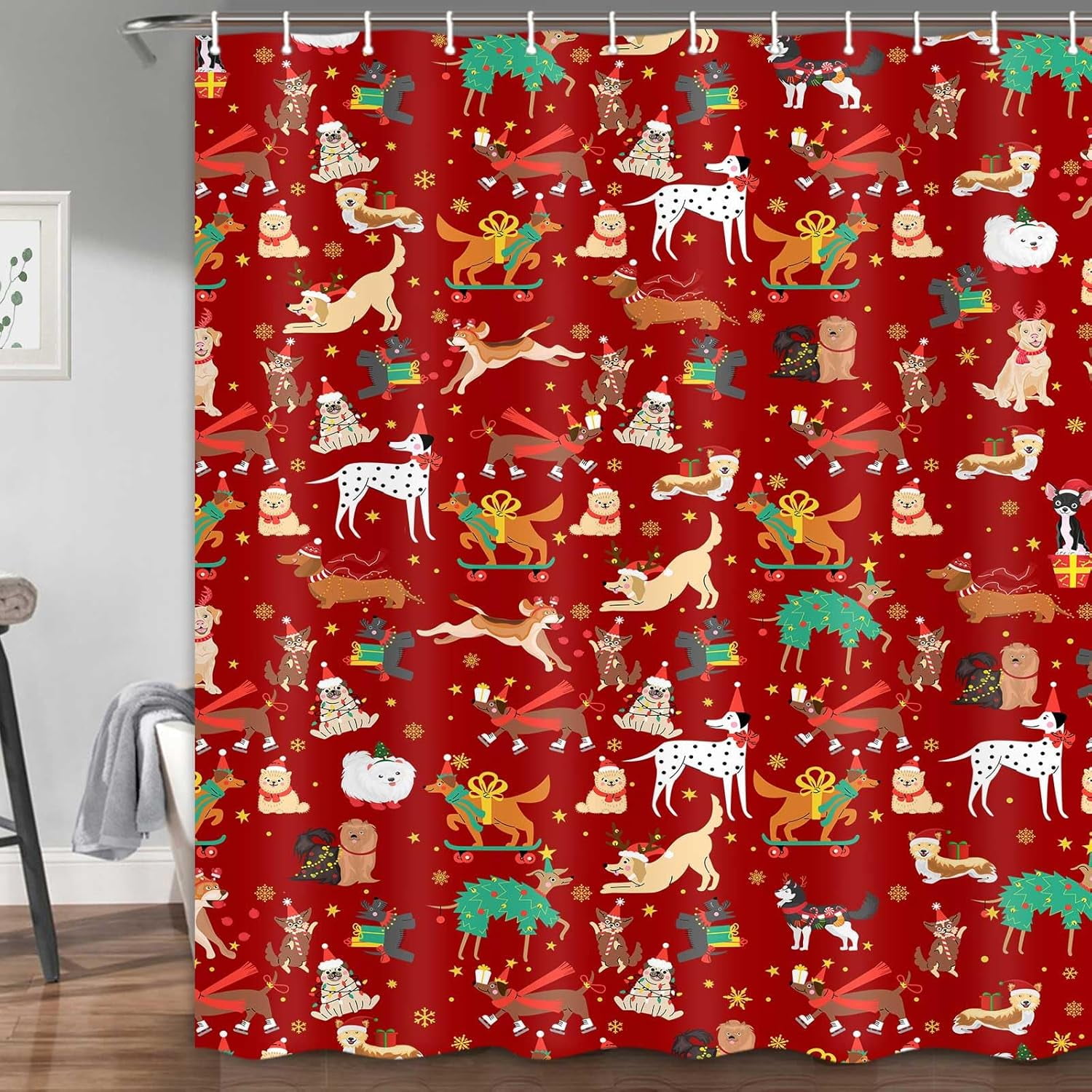 Red Christmas Shower Curtain Funny Dogs Xmas Holiday Decorative
