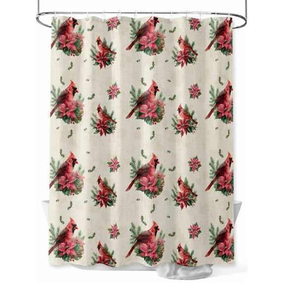 Red Christmas Shower Curtain Set, Waterproof Shower Curtains for Bathroom, Birds Xmas Botanical Poinsettia Washable Fabric Cloth Bath Curtain for Bathtub Decoration with Hooks 66x72 Inches