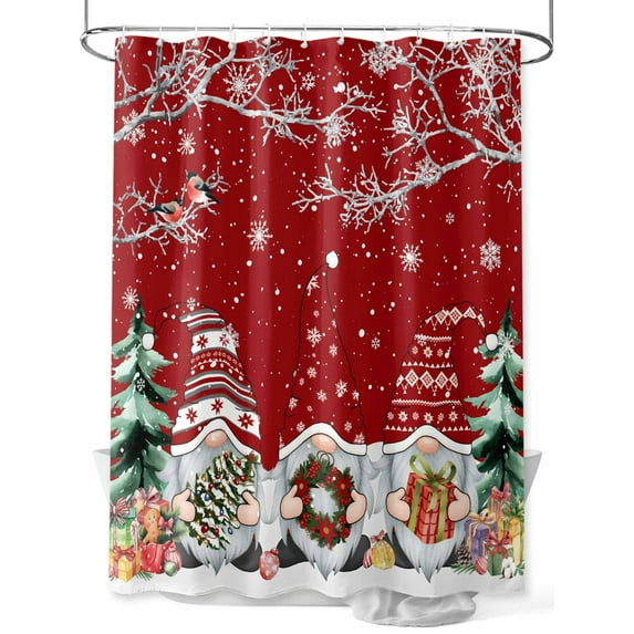 Red Christmas Shower Curtain Set, Waterproof Shower Curtains for Bathroom, Gnomes Xmas Tree Snowflake Gifts Birds Washable Fabric Cloth Bath Curtain for Bathtub Decoration with Hooks 48x72 Inches