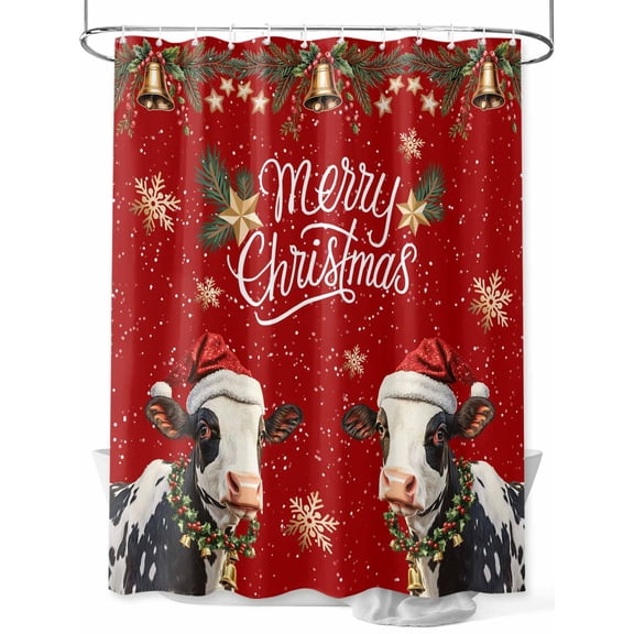 Red Christmas Shower Curtain Set, Waterproof Shower Curtains for Bathroom, Winter Cow Pine Branches Bell Snowflake Washable Fabric Cloth Bath Curtain for Bathtub Decoration with Hooks 54x78 Inches