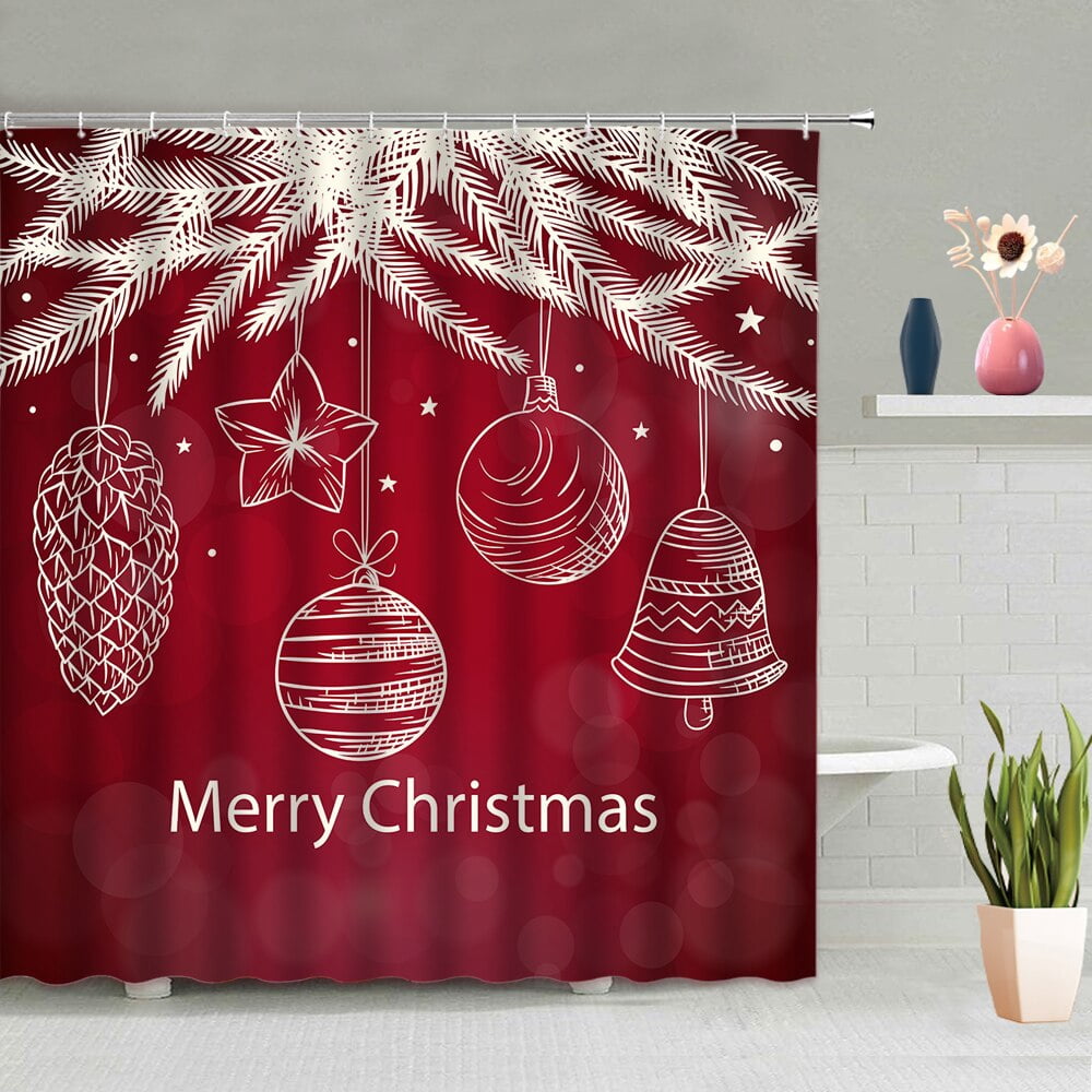 Red Christmas Shower Curtain Set Winter White Snow Cartoon Santa Claus