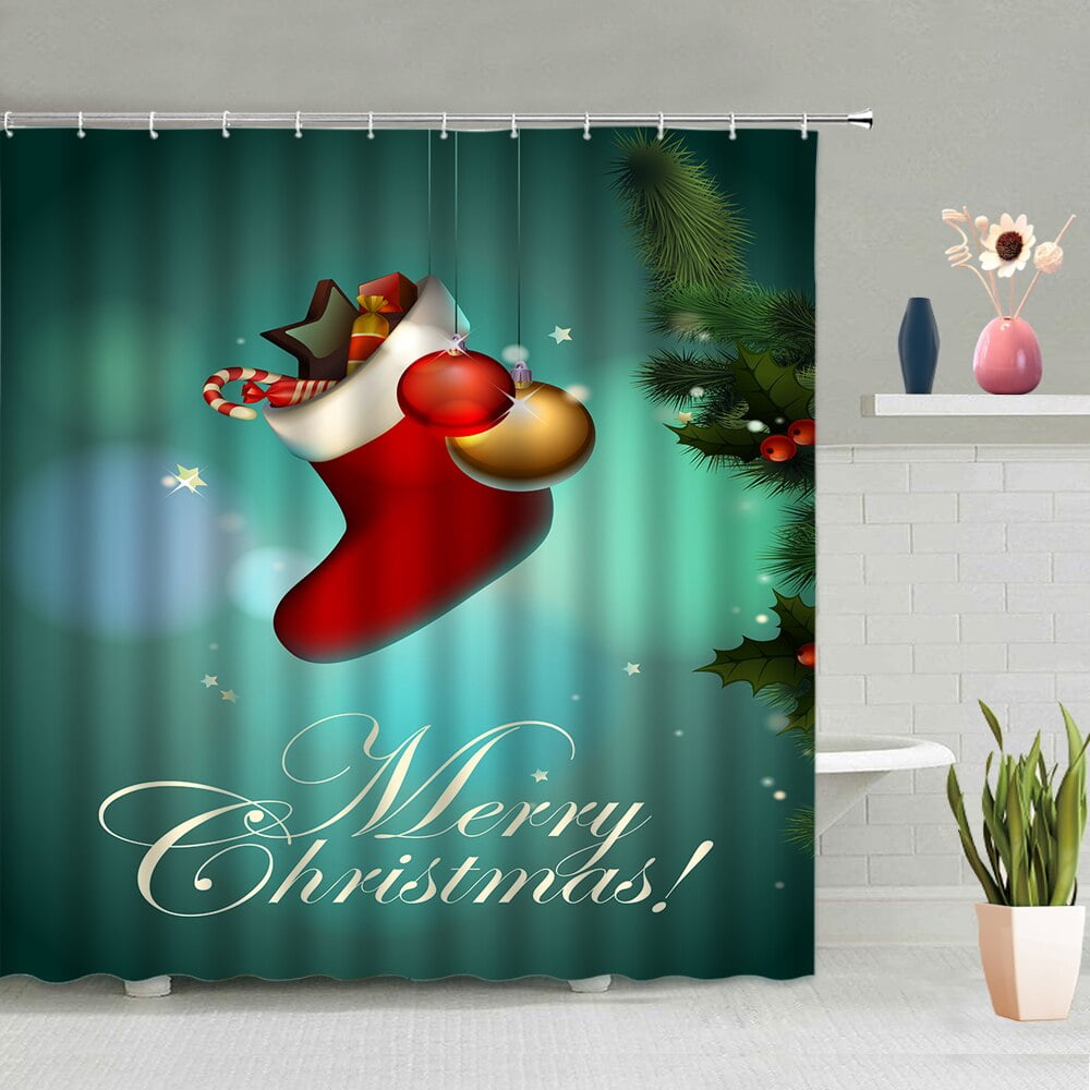 Red Christmas Shower Curtain Set Winter White Snow Cartoon Santa Claus