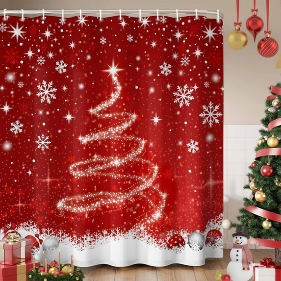 Red Christmas Shower Curtain, Snowflake Xmas Tree Ball Winter Modern Abstract Art Waterproof Fabric Shower Curtains with 12 Hooks, Bathroom Curtain Set for Bathroom Accessories Decor, 48 x 72 Inches