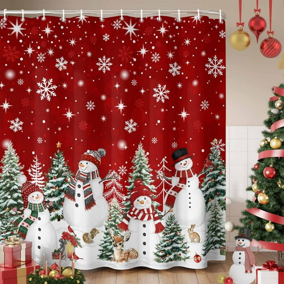 Red Christmas Shower Curtain, Snowman Snowflake Xmas Tree Winter Waterproof Fabric Shower Curtains with 12 Hooks, Bathroom Curtain Set for Bathroom Accessories Decor, 36 x 72 Inches