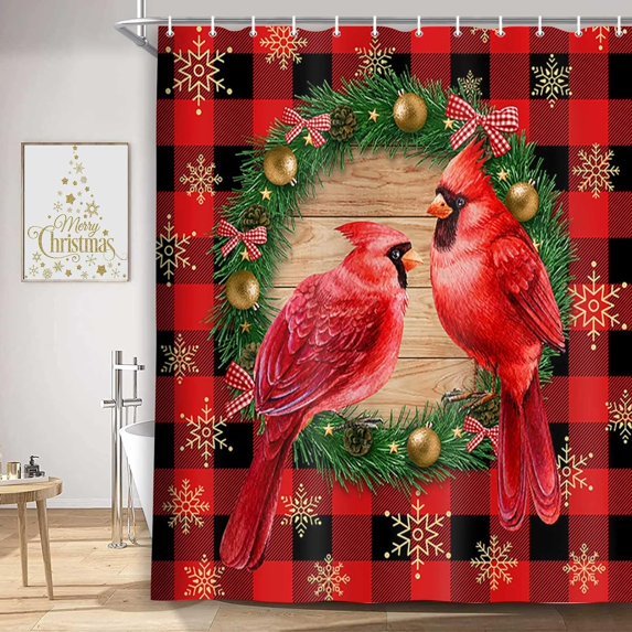 Red Christmas Shower Curtain, Winter Snowflake Cardinals Xmas Home Bathroom Curtain Decoration Set with 12 Hooks, Washable Durable Waterproof Polyester Fabric 72x72 Inches