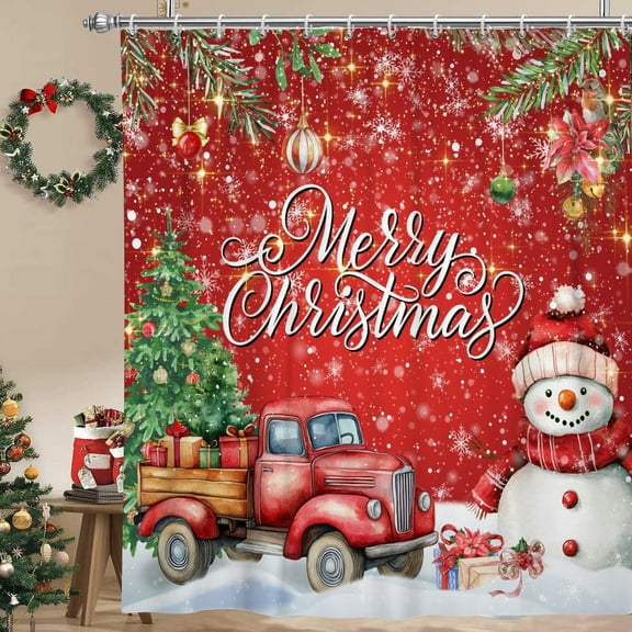 Red Christmas Shower Curtain Xmas Balls Bathroom Curtain Snowman Waterproof Fabric Bath Decor with Hooks 72"x72"