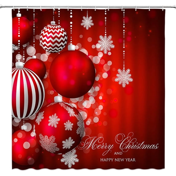 Red Christmas Shower Curtain Xmas Balls Snowflake Winter Holiday Snowy Happy New Year Merry Christmas Balls Decoration Fabric Bathroom Curtain Set with Hook