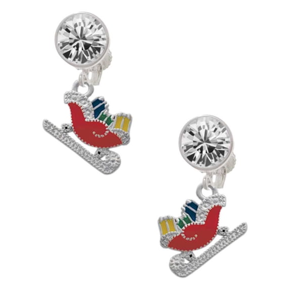 Red Christmas Sleigh Clear Crystal Clip On Earrings