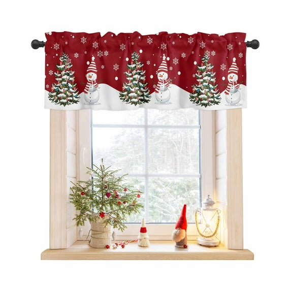 Red Christmas Snowflake Curtain Valance for Windows/Living Room/Kitchen/Bathroom/Café, Short Rod Pocket Tier Curtain Window Treatment Panel Winter Snowman Xmas Tree Topper Curtain 60''x18''