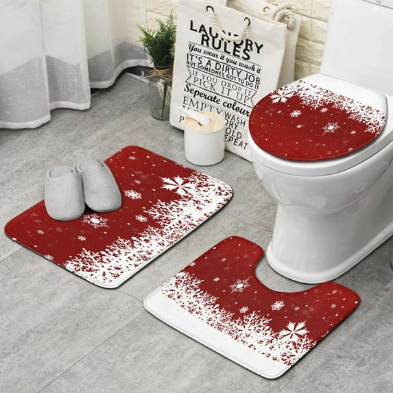 Red Christmas Snowflake Pattern Bathroom Rugs Sets 3 Piece,Toilet Cover Set,Absorbent Non Slip Bathroom Mats Sets with U-Shaped Contour Rug Toilet Rug Set