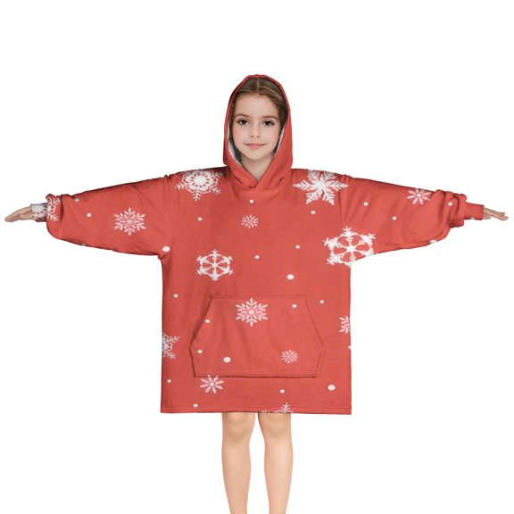 Red Christmas Snowflake Pattern Blanket Hoodies for Kids 6-13YR Oversize Wearable Blanket Hoodies for Boys Girls Teens