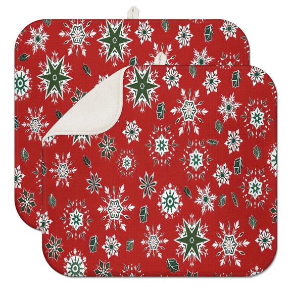Red Christmas Snowflake Pattern Dish Drying Mat for Kitchen 1 Pack, Ultra Absorbent Microfiber Dishes Drainer Mats,16x18in(41x46cm)