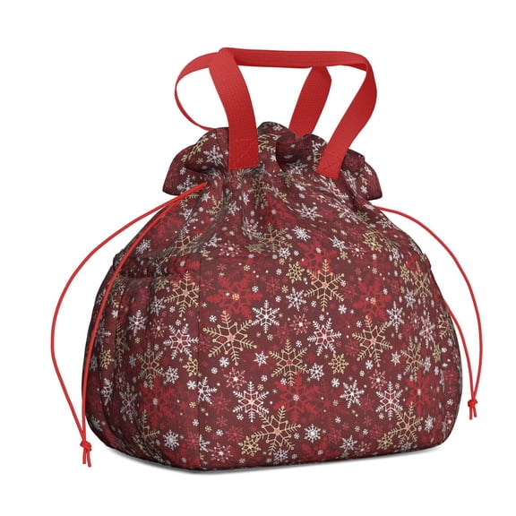 Red Christmas Snowflake Pattern Drawstring Lunch Bag Women - Drawstring Lunch Bag Insulated for Work Office - Stain-Resistant Large Lunchbags for Women with Multi-Pockets