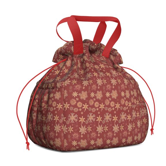Red Christmas Snowflake Pattern Drawstring Lunch Bag Women - Drawstring Lunch Bag Insulated for Work Office - Stain-Resistant Large Lunchbags for Women with Multi-Pockets