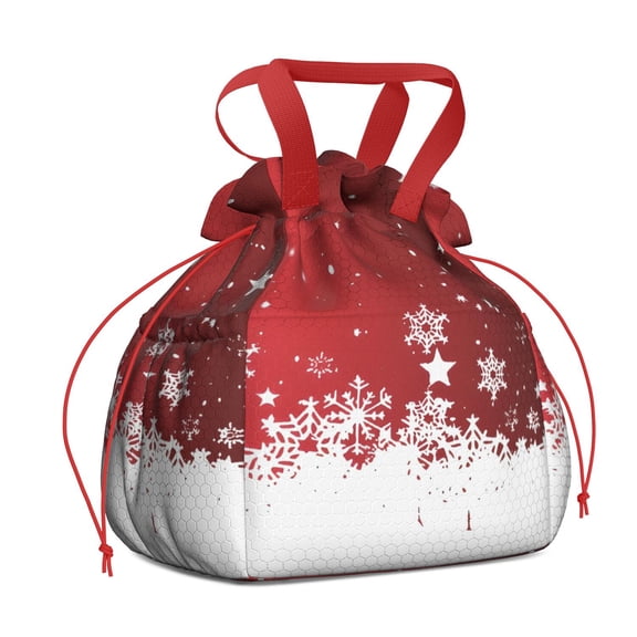 Red Christmas Snowflake Pattern Drawstring Lunch Bag Women - Drawstring Lunch Bag Insulated for Work Office - Stain-Resistant Large Lunchbags for Women with Multi-Pockets