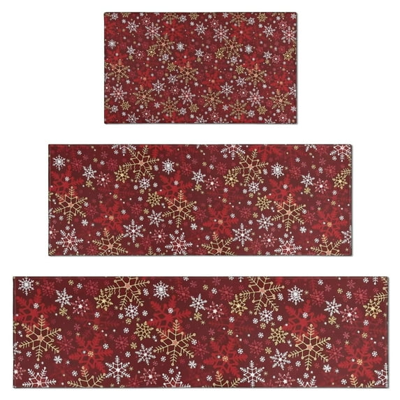 Red Christmas Snowflake Pattern Kitchen Rugs Sets Of 3,Kitchen Runner Rugs Non Skid Washable,Decorative Kitchen Floor Mats for Kitchen,Sink,Laundry,17"x30"+ 17"x47" + 17"x59"