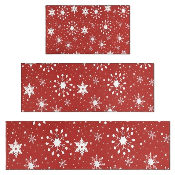 Red Christmas Snowflake Pattern Kitchen Rugs Sets Of 3,Kitchen Runner Rugs Non Skid Washable,Decorative Kitchen Floor Mats for Kitchen,Sink,Laundry,17"x30"+ 17"x47" + 17"x59"