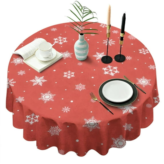 Red Christmas Snowflake Pattern Round Tablecloth 60"x60",Wrinkle Wipeable Table Cloth for Kitchen Dining Room Picnic Patio Party