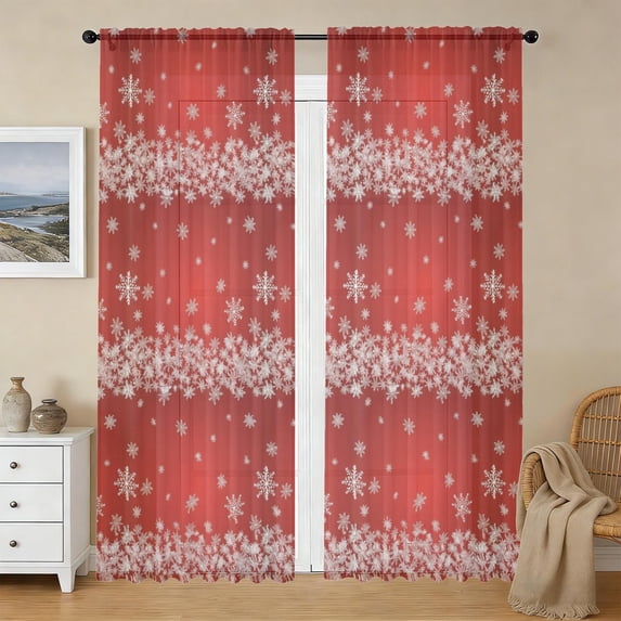 Yule Pattern Red Christmas Snowflake Pattern Sheer Curtains, Voile Drapes with Dual ...