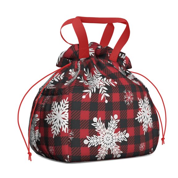 Red Christmas Snowflake and Plaid Pattern Drawstring Lunch Bag Women - Drawstring Lunch Bag Insulated for Work Office - Stain-Resistant Large Lunchbags for Women with Multi-Pockets