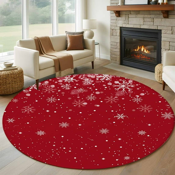 Red Christmas Snowflake Round Area Rug 5 FT, Non Slip Bedroom Area Rug, Winter Snowflake Xmas Washable Soft Circular Carpet Non-Shedding Floor Mat for Kitchen Dining Room Foyer Balcony Dorm