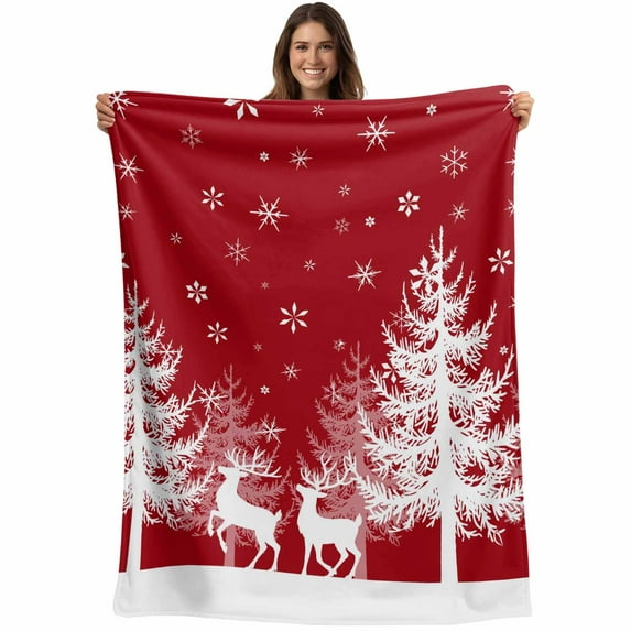 Red Christmas Snowflake Throw Blankets, Retro White Deer Tree Silhouette Soft Fleece Blanket Decorative for Home Sofa Couch Chair Living Bedroom, 30x40 Inches,