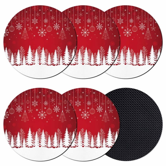Red Christmas Snowflakes Coasters Set of 6, Absorbent Coasters for Drinks, Xmas Balls Winter Pine Tree Coaster for Desk Coffee Table Protection, Home Decor House Warming Gifts 4"