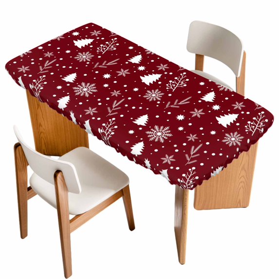 Red Christmas Snowflakes Table Cloths for 4 Foot Rectangle Tables, Winter Xmas Pine Tree Plant Patio Waterproof Elastic Fitted Tablecloths, Washable Rectangular Table Cover for Camping