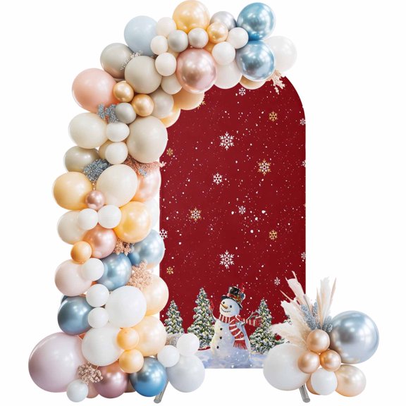 Red Christmas Snowman Arch Backdrop Cover 6.6x3.3 Ft, Spandex Wedding Arch Stand Cover, Winter Xmas Tree Snowflakes Winter Round Top Stretch Fitted Background Covers for Birthday Ceremony Party Decor