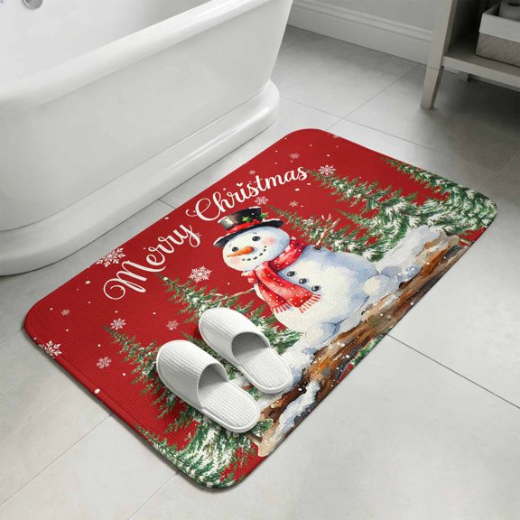 Red Christmas Snowman Bathroom Rugs Non Slip Washable Bath Mat Absorbent Front Door Mat Xmas Tree Snowflake Merry Christmas Indoor Doormat for Kitchen Entryway Shower Decor Accessories 15.7"x23.6"
