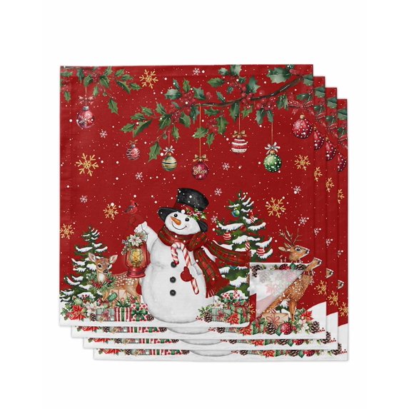 Red Christmas Snowman Cloth Napkins Set of 4 Reusable Dinner Napkins, Xmas Snowflake Elk Tree Balls Cocktail Napkin Washable Table Napkins for Wedding/Holiday Party/Baby Shower 20"x20"