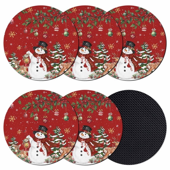 Red Christmas Snowman Coasters Set of 6, Absorbent Coasters for Drinks, Xmas Snowflake Elk Tree Balls Coaster for Desk Coffee Table Protection, Home Decor House Warming Gifts 4"