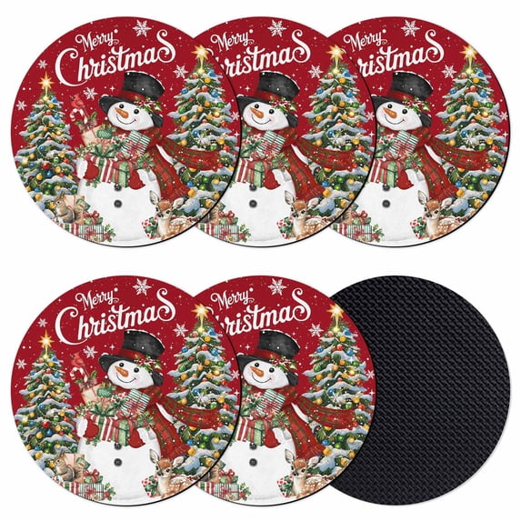 Red Christmas Snowman Coasters Set of 6, Absorbent Coasters for Drinks, Xmas Tree Snowflake Botanical Coaster for Desk Coffee Table Protection, Home Decor House Warming Gifts 4"