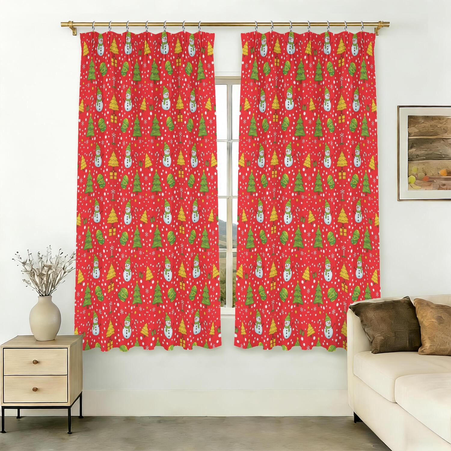English Red Pattern Red Christmas Snowman Pattern Pinch Pleat Semi Sheer Linen Curtains ...