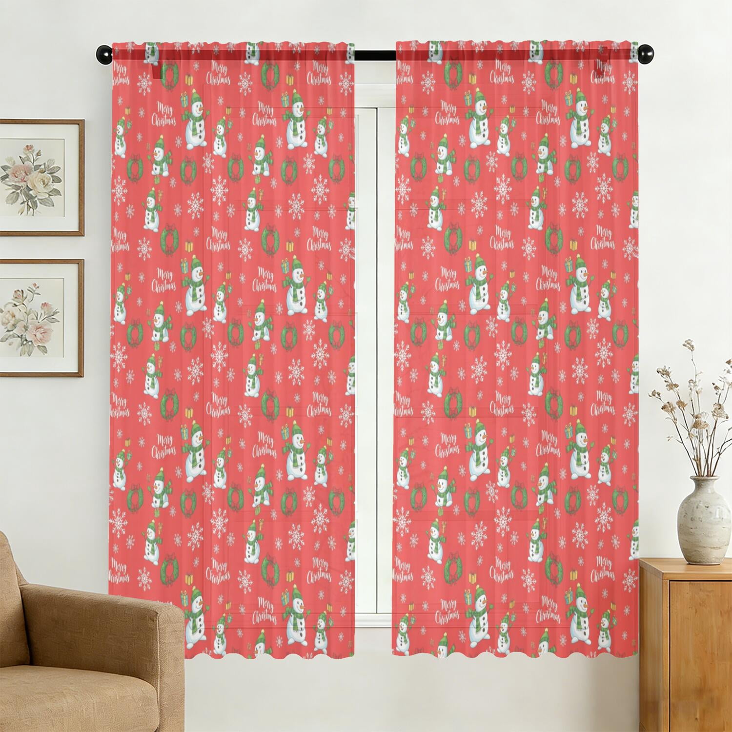 Red Christmas Snowman Pattern Sheer Curtains, Rod Pocket Sheer Drapes ...