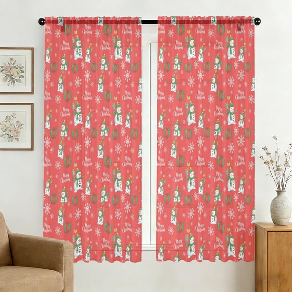 Simpl Patten Red Christmas Snowman Pattern Sheer Curtains, Rod Pocket Sheer Drapes ...