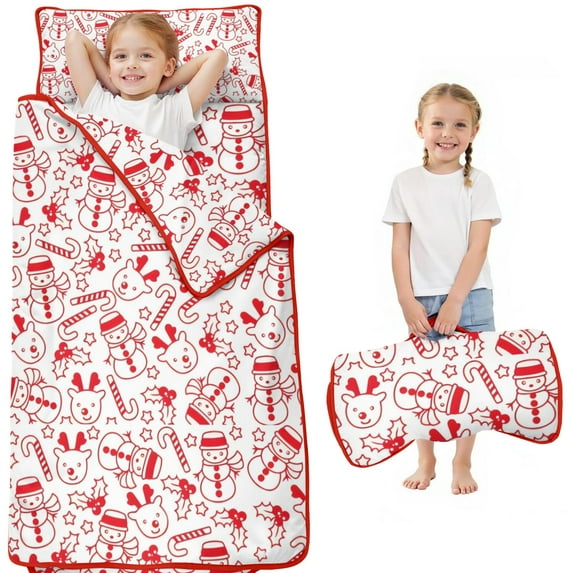 Red Christmas Snowman Pattern Toddler Nap Mats for Kids Preschool,50"x20" Sleeping Mat Bag or Kids,Toddler Sleeping Bag,Toddler Nap Mat or Daycare