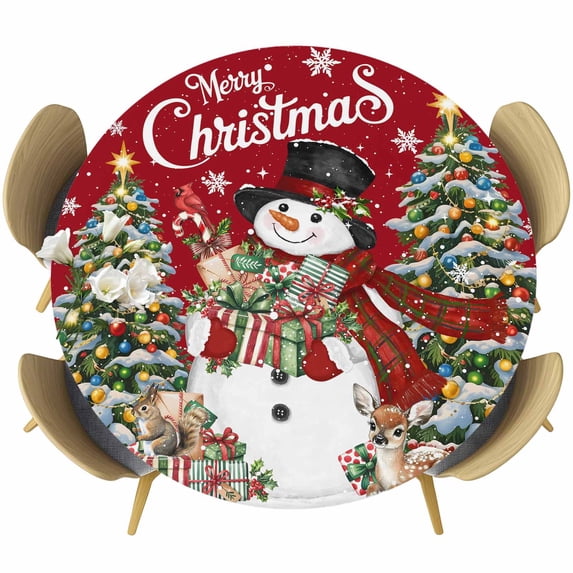 Red Christmas Snowman Round Tablecloth, Fitted Table Cover with Elastic for 36"-44" Round Tables, Xmas Tree Snowflake Botanical Table Cloth Outdoor Indoor Dinning Party Waterproof Tablecloths