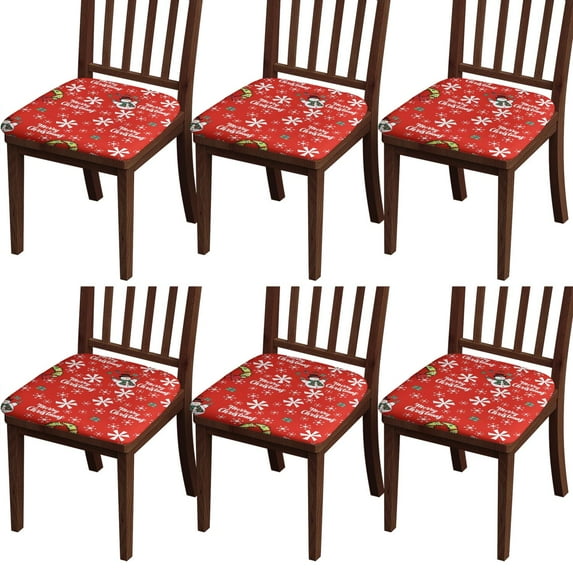 Red Christmas Snowman Seat Covers for Dining Room Chairs Set Of 6,Stretch Printed Washable Chair Seat Cover with Elastic Ties and Button,Removable Waterproof Couch Cushion Covers